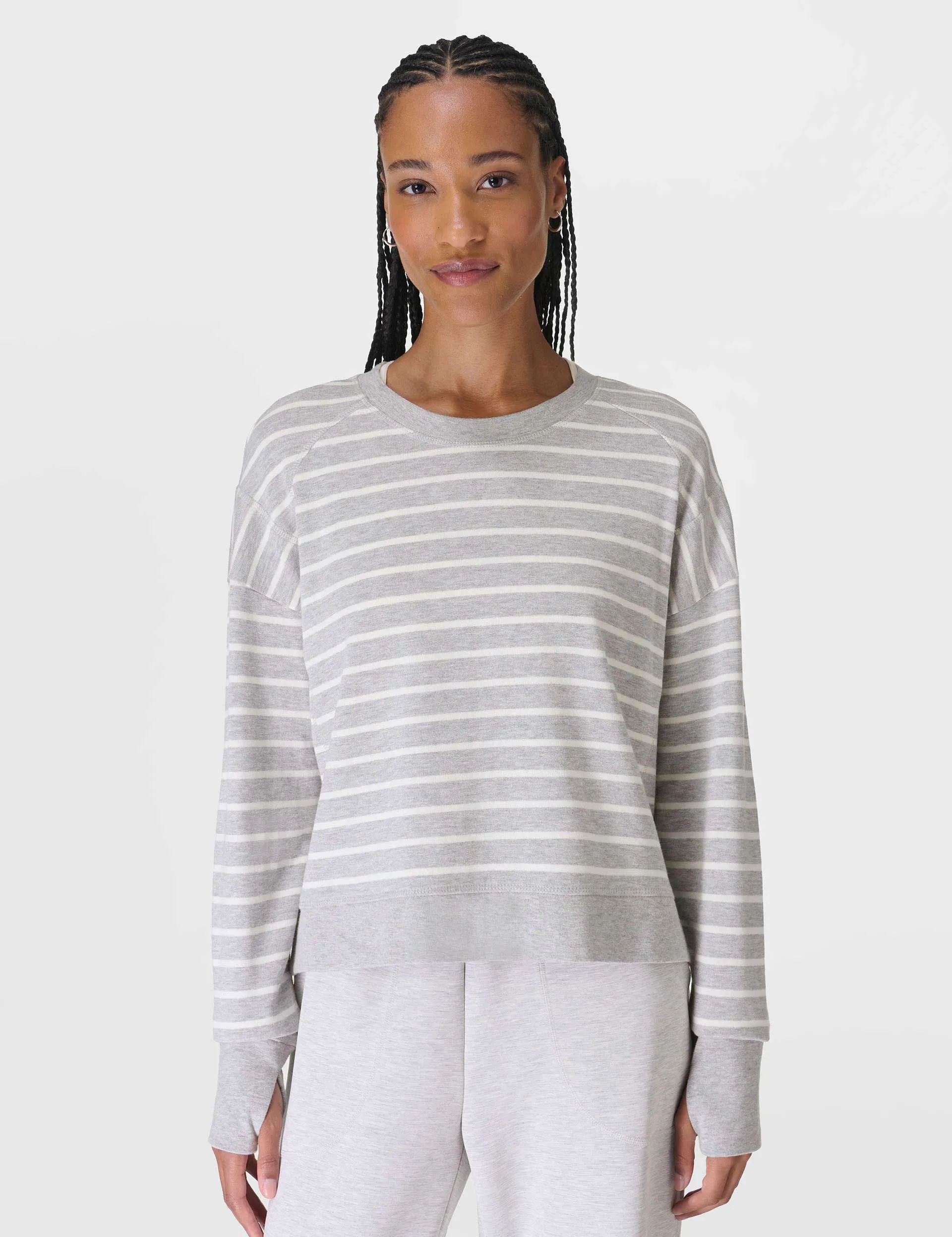 After Class Crop Sweatshirt - Lily Weiß Hellgrau Marl Streifen