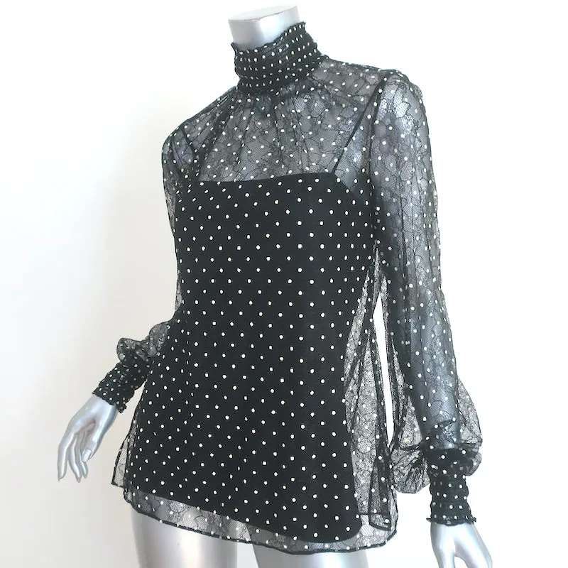 Akris Punto Polka-Punkt-Spitzenbluse Schwarz Größe 4 Langarm-Turtleneck-Top