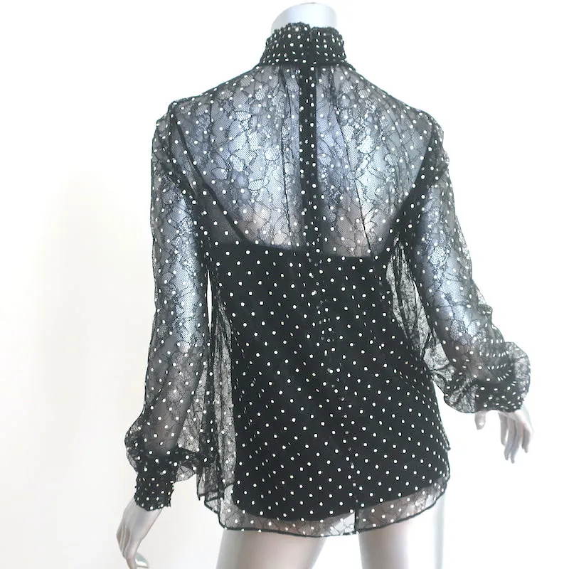 Akris Punto Polka-Punkt-Spitzenbluse Schwarz Größe 4 Langarm-Turtleneck-Top