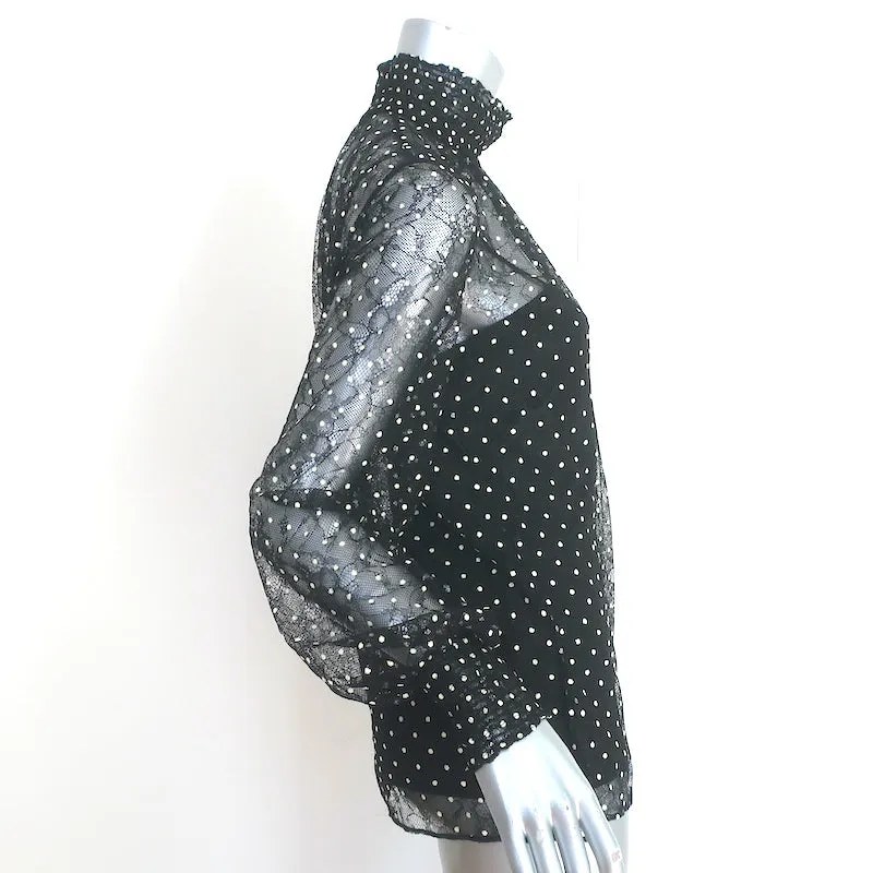 Akris Punto Polka-Punkt-Spitzenbluse Schwarz Größe 4 Langarm-Turtleneck-Top