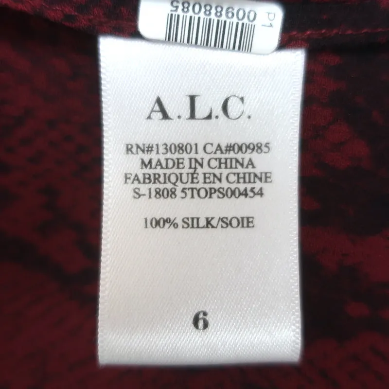 A.L.C. Bluse mit Krawattenkragen Rot Schlangenhautmuster Seide Größe 6 Langarm Top