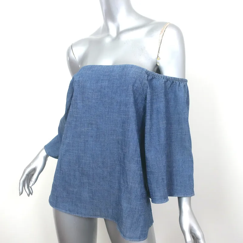 Alice   Olivia Off-the-Shoulder Top Christy Chambray Leinen-Mix Größe L