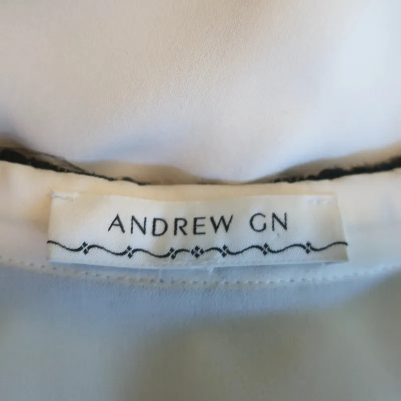 Andrew Gn Perlenbluse Elfenbein Seide & Schwarze Spitze Größe Mittel Kurzarm Oberteil