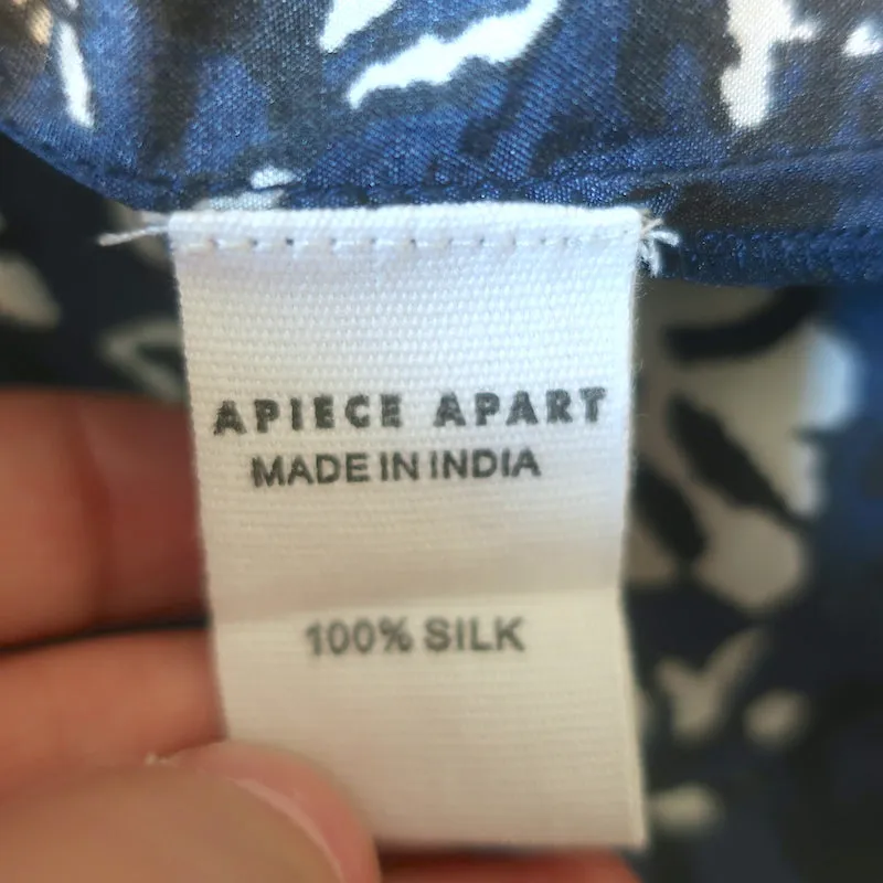 Apiece Apart Bravo Popover Top Marine Blau Gedruckte Seide Größe 0 Langarmbluse