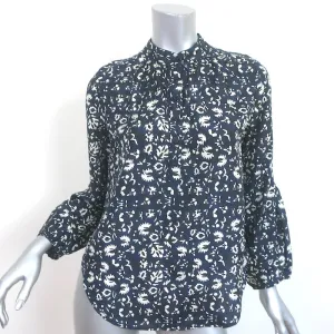 Apiece Apart Bravo Popover Top Marine Blau Gedruckte Seide Größe 0 Langarmbluse