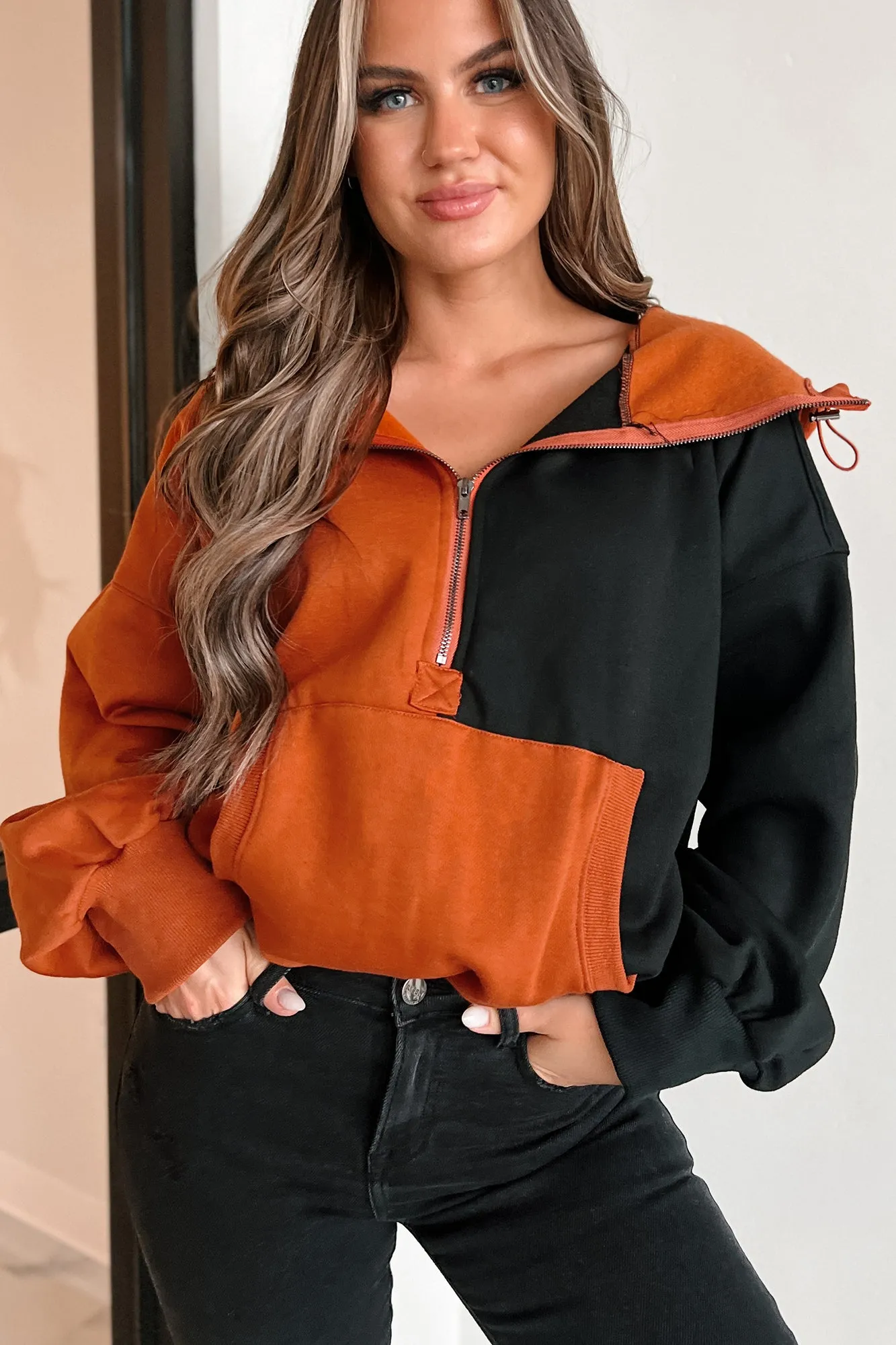 Herbstpracht Colorblock Halbzip-Pullover (Rost/Schwarz)
