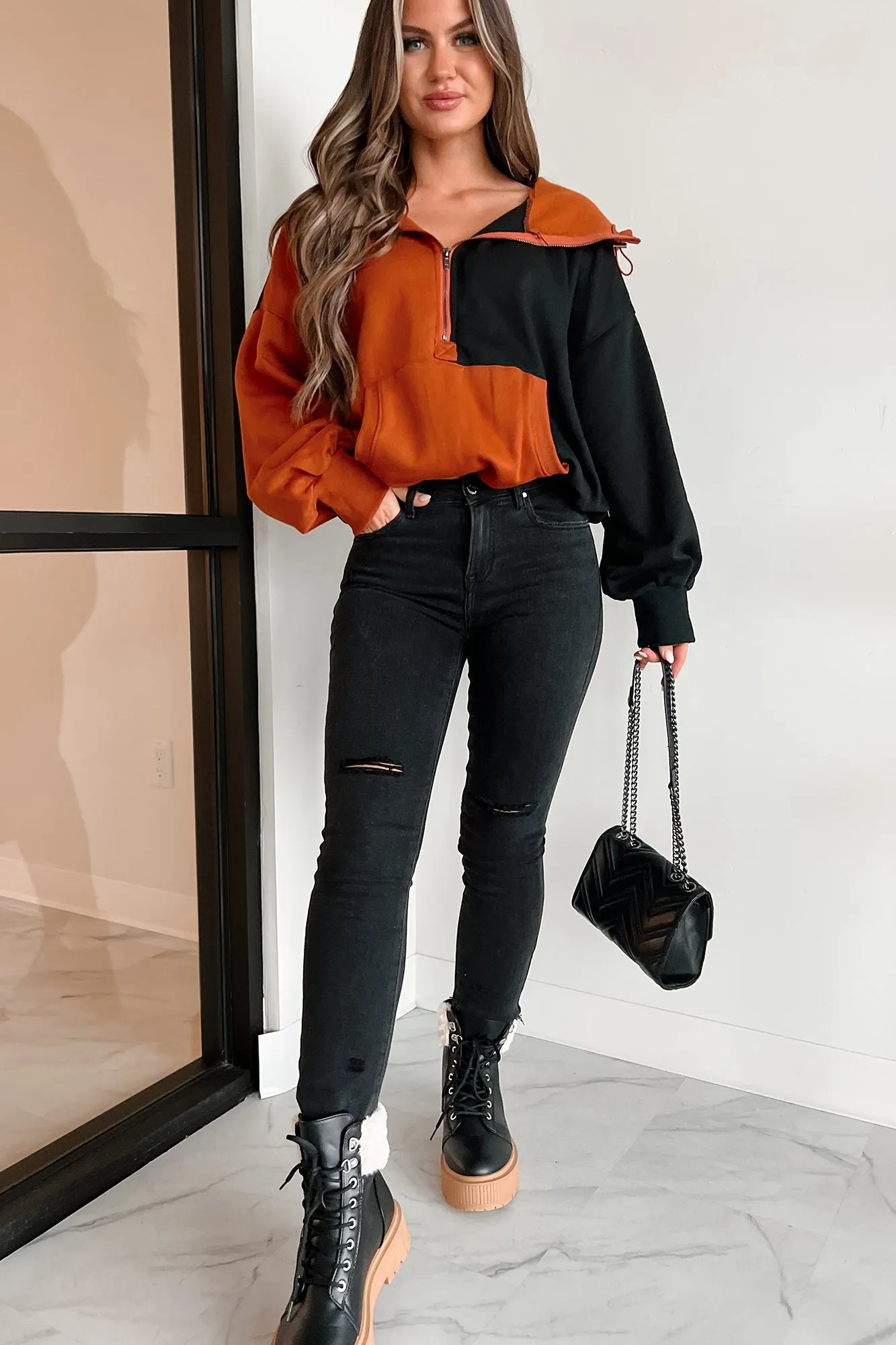 Herbstpracht Colorblock Halbzip-Pullover (Rost/Schwarz)