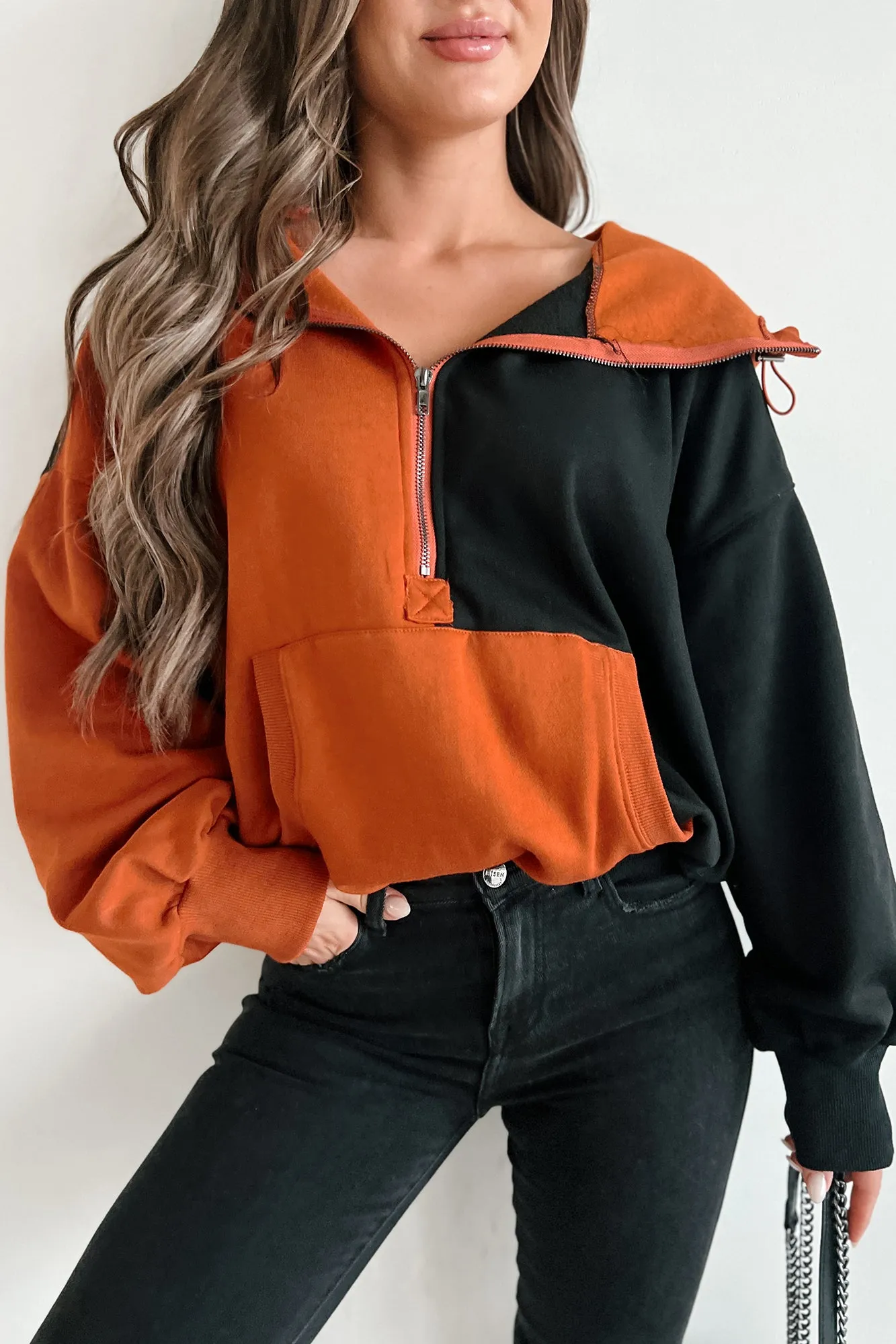 Herbstpracht Colorblock Halbzip-Pullover (Rost/Schwarz)