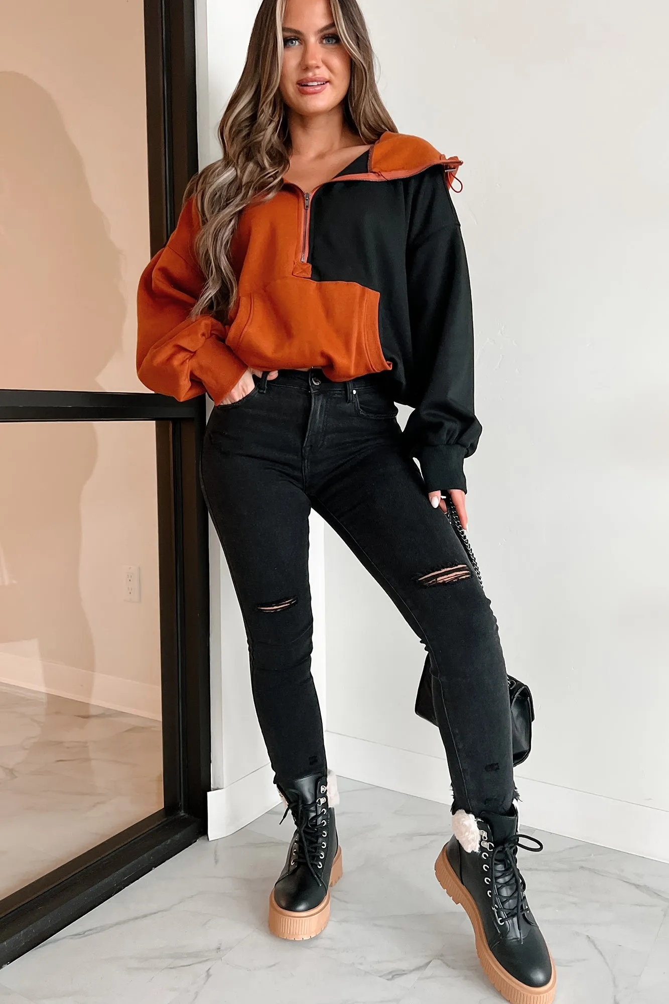 Herbstpracht Colorblock Halbzip-Pullover (Rost/Schwarz)