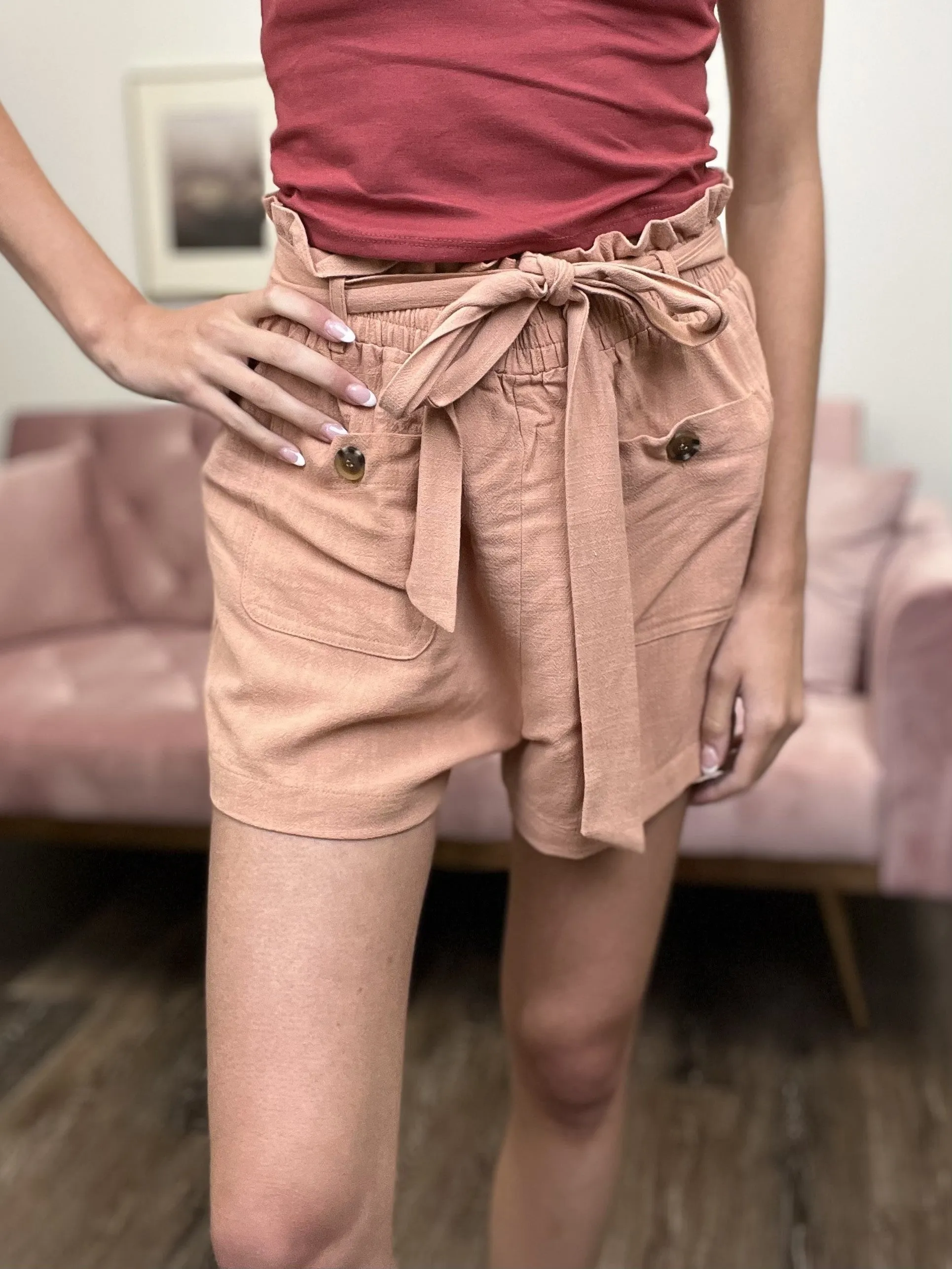 Avery Damen Rüschenbund Leinen Shorts