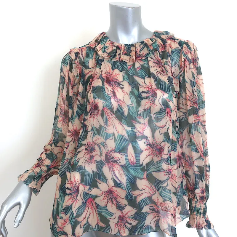 Ba&sh Baia Bluse Türkis/Rosa Blumenmuster Chiffon Größe 0 Langarm Top NEU