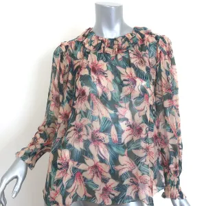Ba&sh Baia Bluse Türkis/Rosa Blumenmuster Chiffon Größe 0 Langarm Top NEU