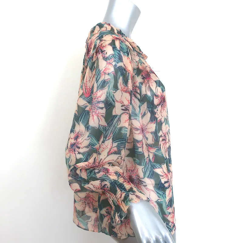 Ba&sh Baia Bluse Türkis/Rosa Blumenmuster Chiffon Größe 0 Langarm Top NEU