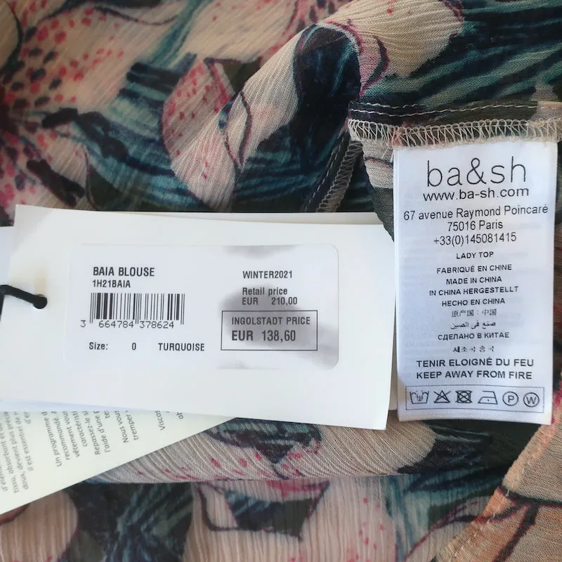 Ba&sh Baia Bluse Türkis/Rosa Blumenmuster Chiffon Größe 0 Langarm Top NEU