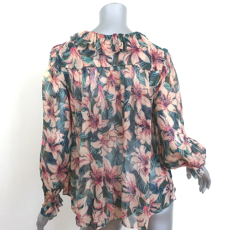 Ba&sh Baia Bluse Türkis/Rosa Blumenmuster Chiffon Größe 0 Langarm Top NEU