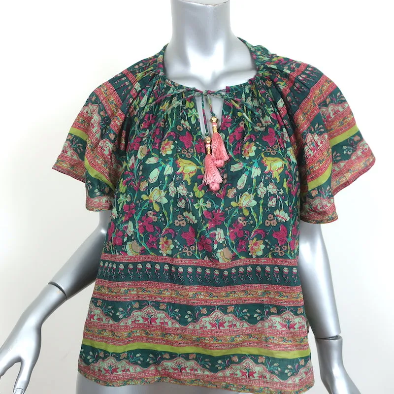 Glöckchen-Quasten-Bluse Grüner Blumenprint Baumwolle-Seide Größe M Schmetterlingsärmel Top