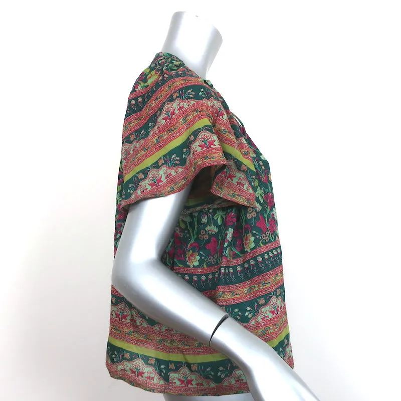 Glöckchen-Quasten-Bluse Grüner Blumenprint Baumwolle-Seide Größe M Schmetterlingsärmel Top