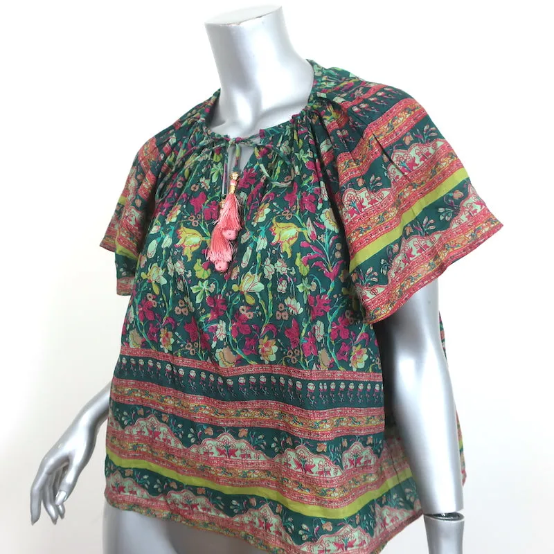 Glöckchen-Quasten-Bluse Grüner Blumenprint Baumwolle-Seide Größe M Schmetterlingsärmel Top