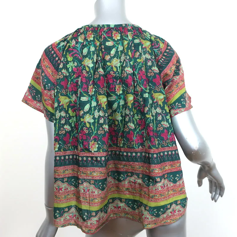Glöckchen-Quasten-Bluse Grüner Blumenprint Baumwolle-Seide Größe M Schmetterlingsärmel Top
