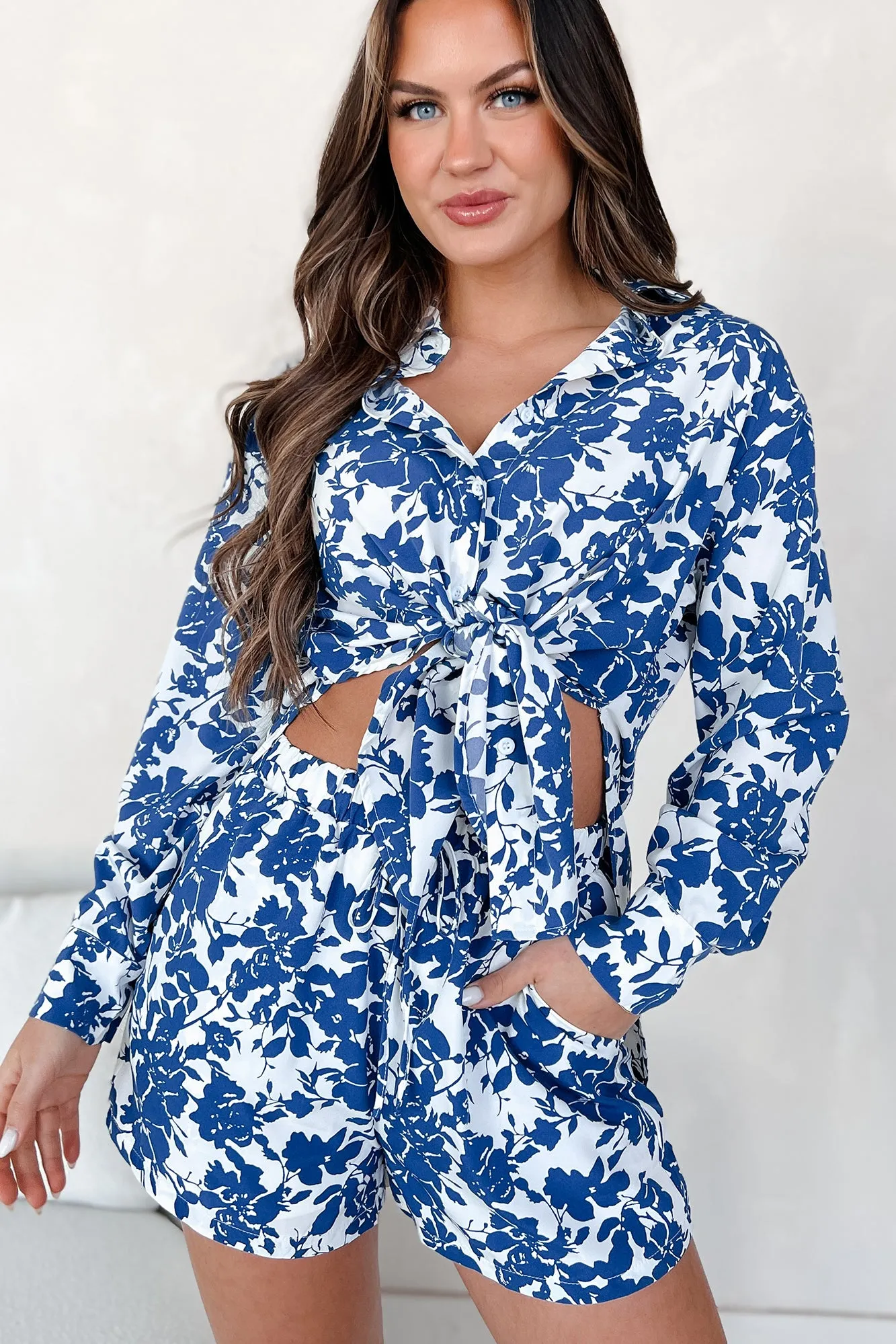 Blühendes Glück Blumen-Hemd mit Knopfleiste & Shorts-Set (Blau)