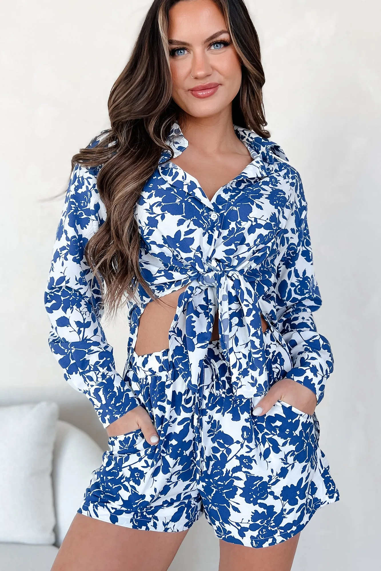 Blühendes Glück Blumen-Hemd mit Knopfleiste & Shorts-Set (Blau)