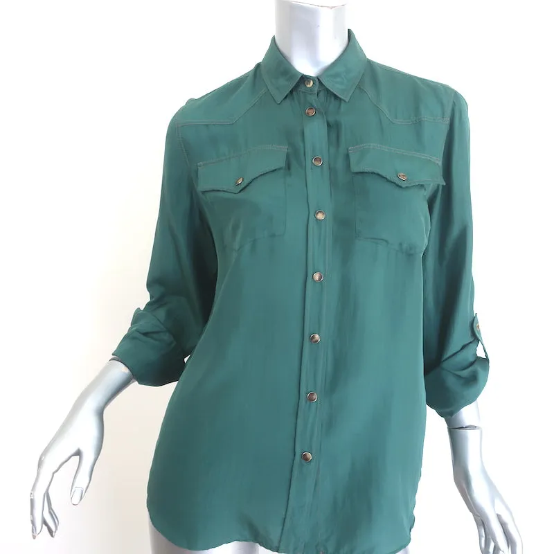Brunello Cucinelli Seiden-Westernhemd Grün Größe Mittel Roll-Ärmel-Bluse