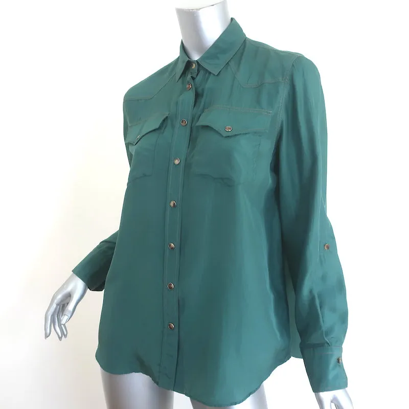 Brunello Cucinelli Seiden-Westernhemd Grün Größe Mittel Roll-Ärmel-Bluse