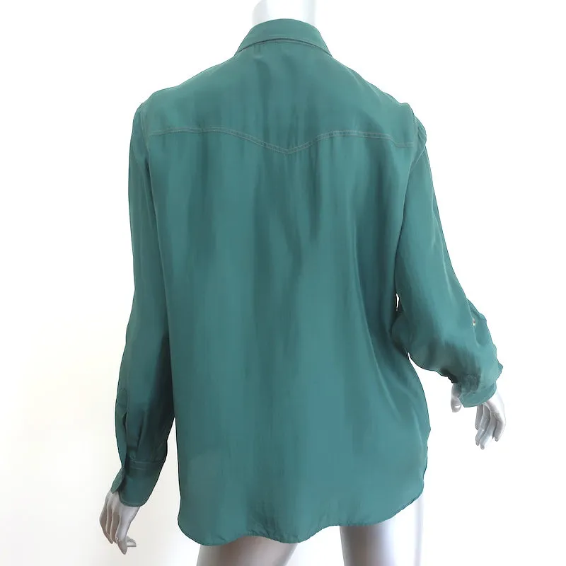 Brunello Cucinelli Seiden-Westernhemd Grün Größe Mittel Roll-Ärmel-Bluse