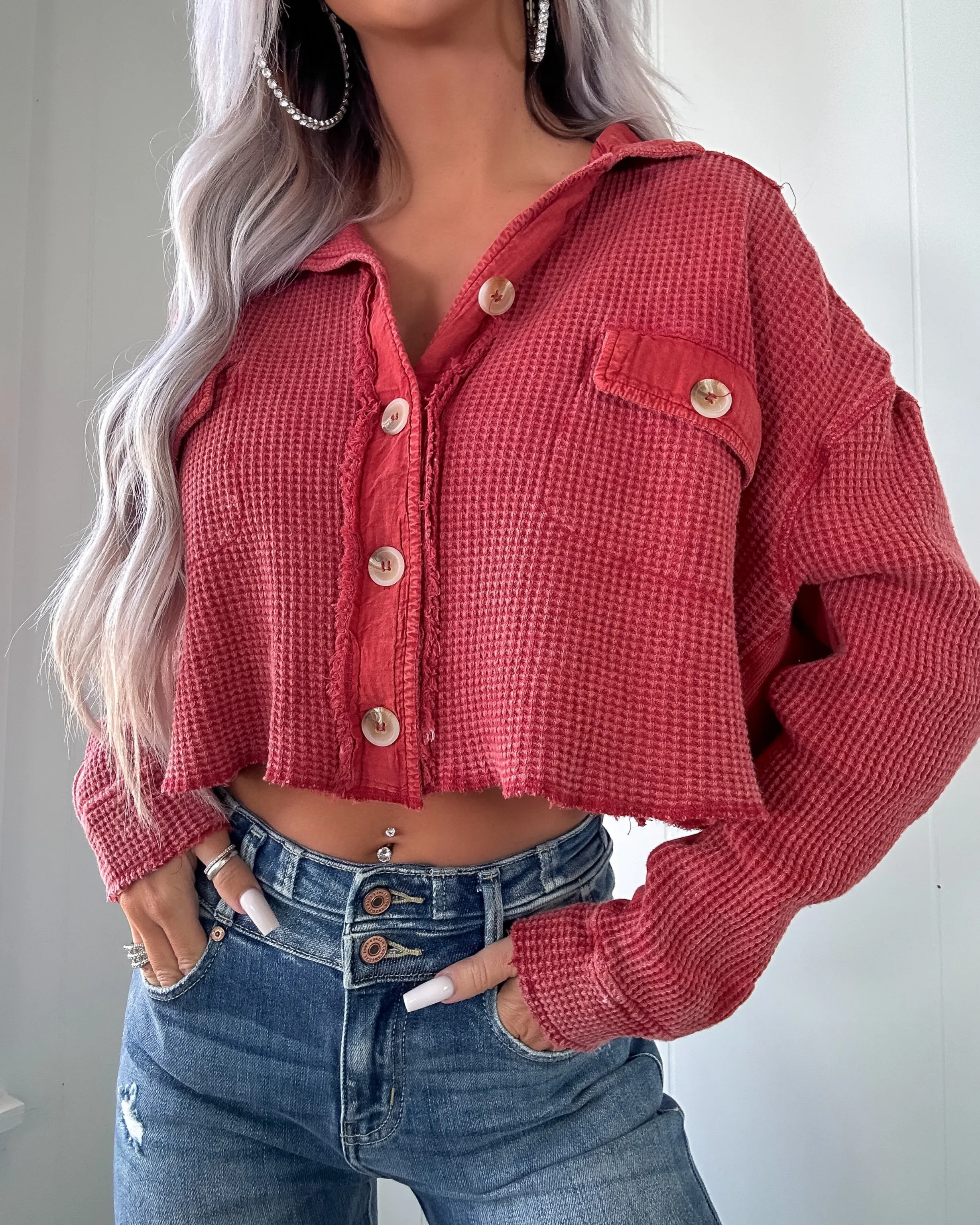 Herbstfänger Knopf-Waffel-Crop-Top - Rot
