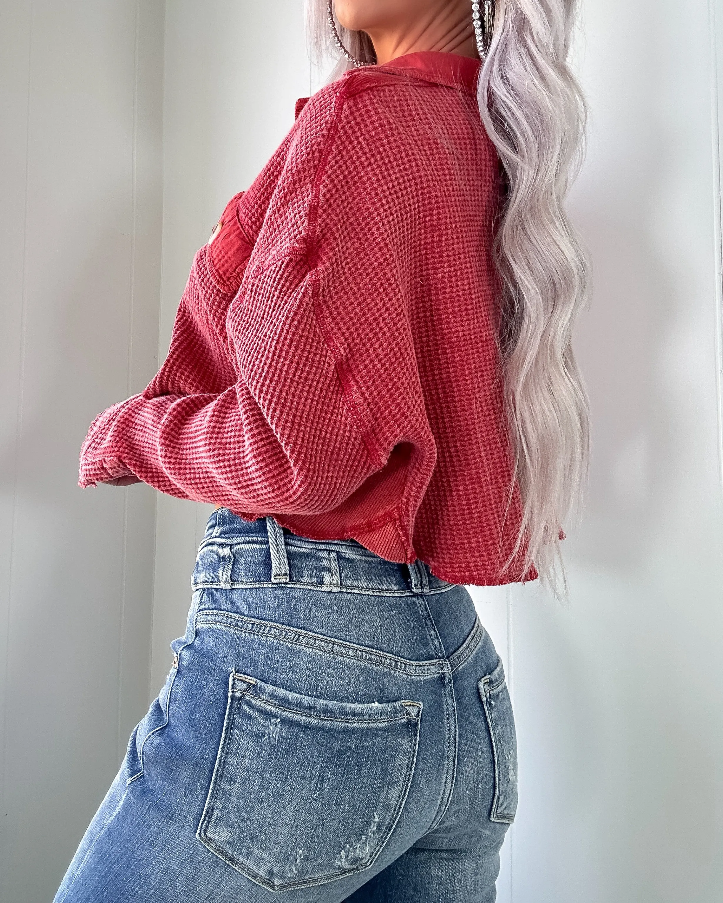 Herbstfänger Knopf-Waffel-Crop-Top - Rot