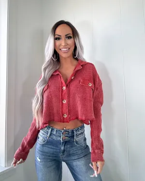 Herbstfänger Knopf-Waffel-Crop-Top - Rot