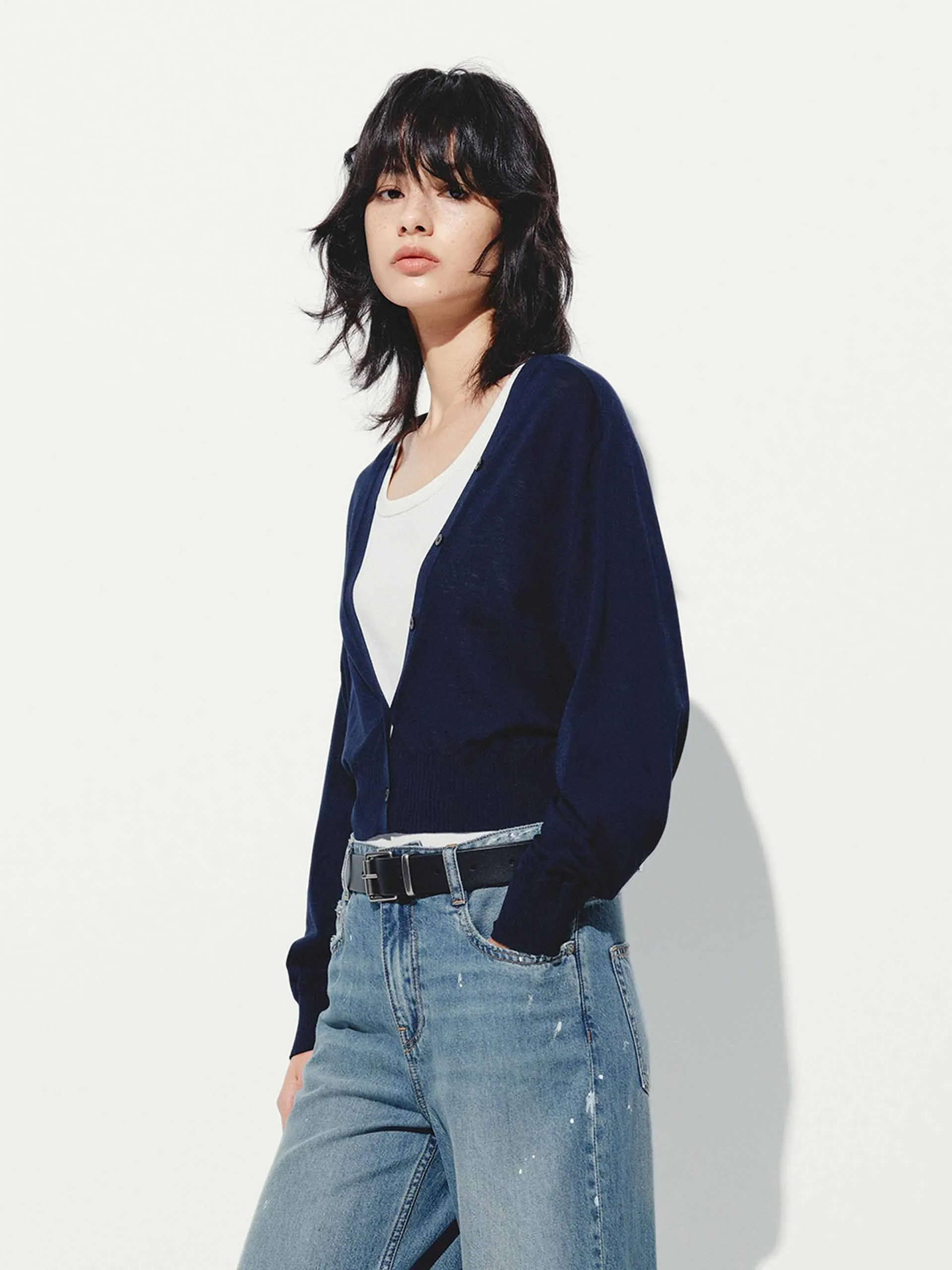 Gekürzter V-Ausschnitt Strickcardigan