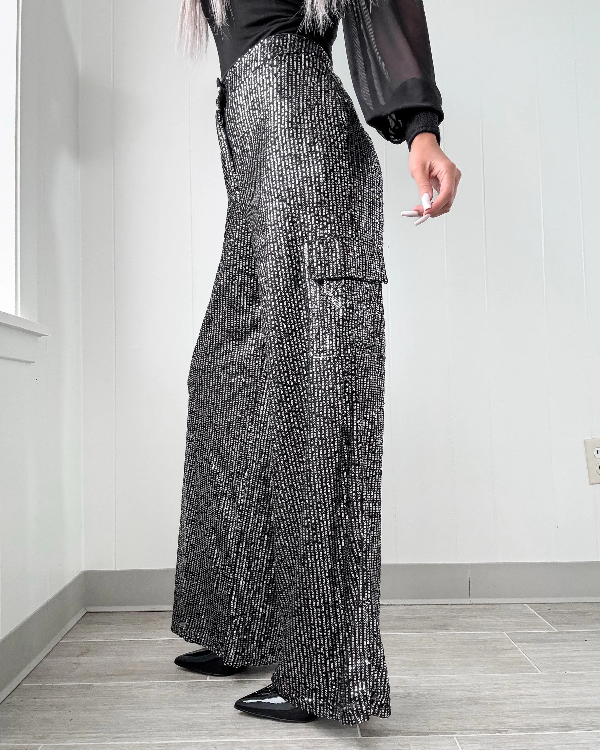 Dunkle Glitzer-Sequins Weitbeinige Hose - Silber