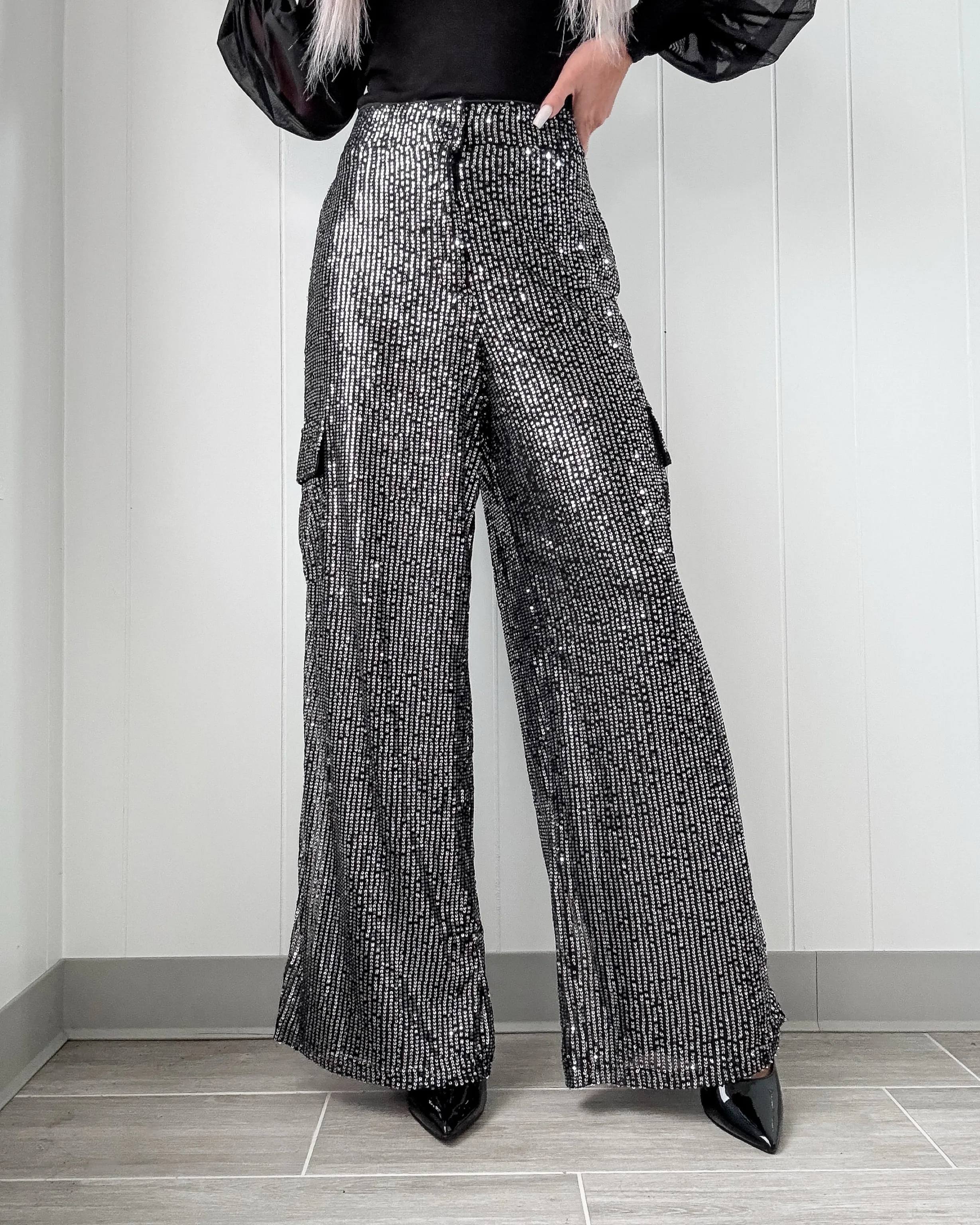 Dunkle Glitzer-Sequins Weitbeinige Hose - Silber