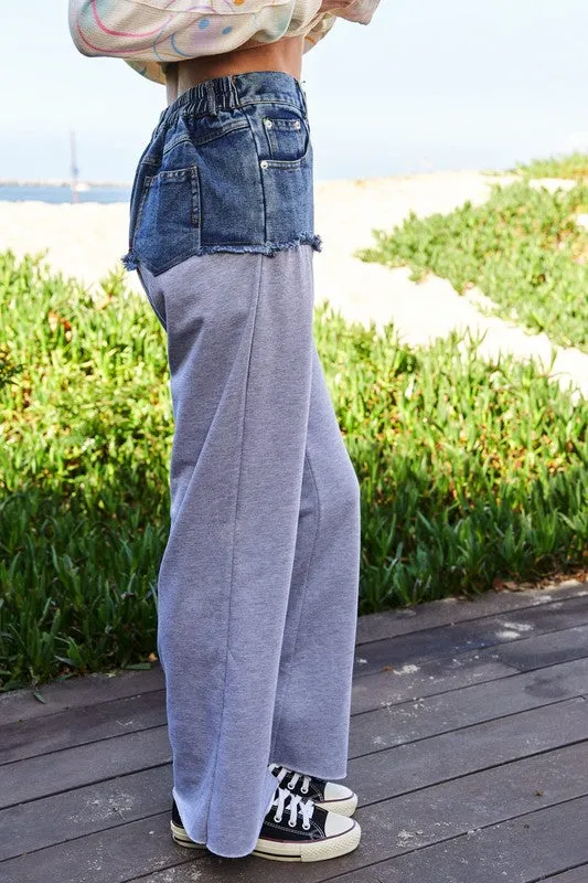 Davi & Dani Raw Hem Denim Patchwork Weitbeinige Hose