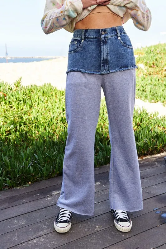 Davi & Dani Raw Hem Denim Patchwork Weitbeinige Hose