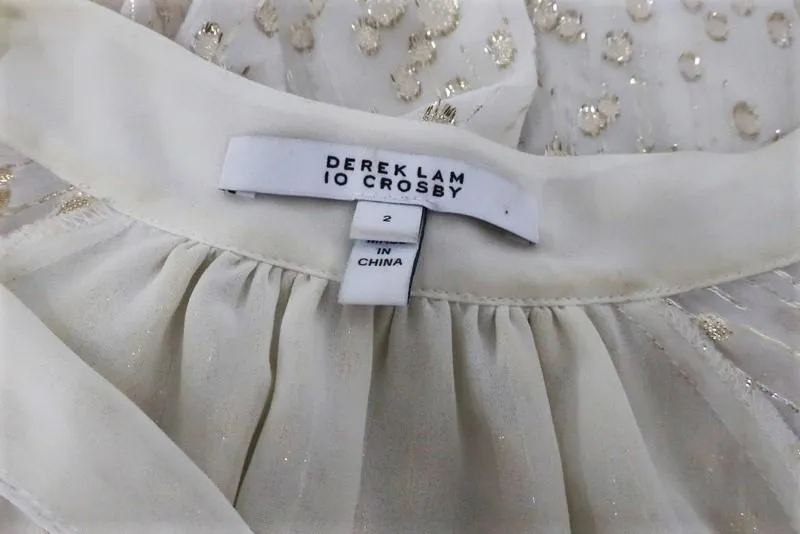 Derek Lam 10 Crosby Bluse Creme/Gold Metallic Fil Coupe Größe 2 Ärmel mit Bindeband