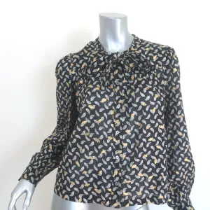 Doen Norma Bluse mit Krawattenverschluss Kohleblatt-Print Voile Größe Mittel Langarm Oberteil