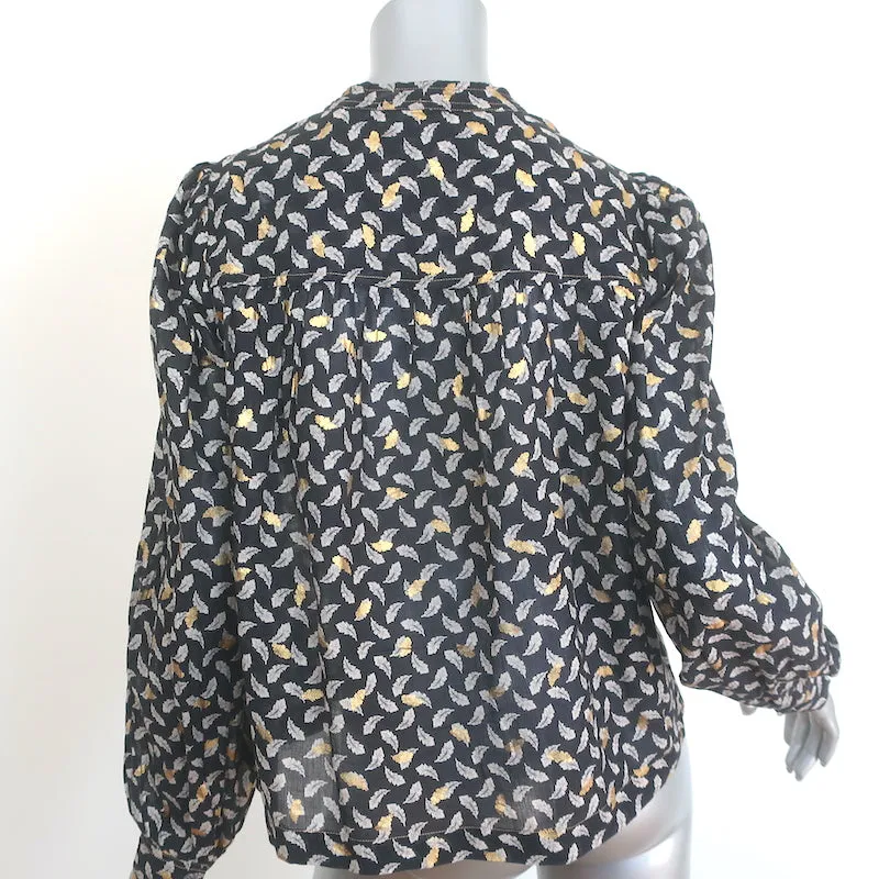 Doen Norma Bluse mit Krawattenverschluss Kohleblatt-Print Voile Größe Mittel Langarm Oberteil