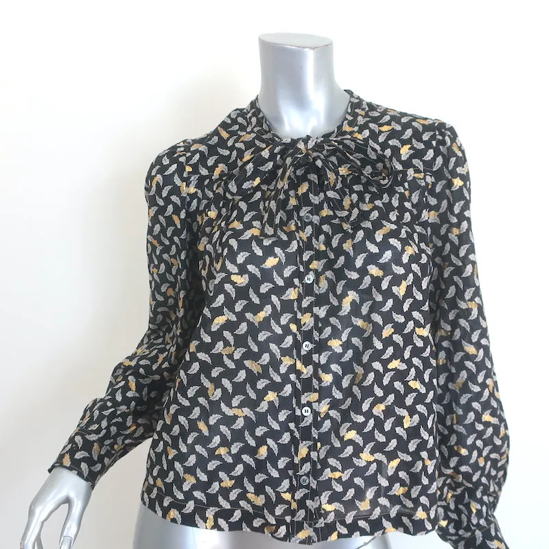 Doen Norma Bluse mit Krawattenverschluss Kohleblatt-Print Voile Größe Mittel Langarm Oberteil