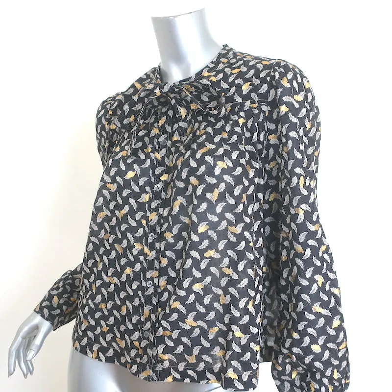 Doen Norma Bluse mit Krawattenverschluss Kohleblatt-Print Voile Größe Mittel Langarm Oberteil