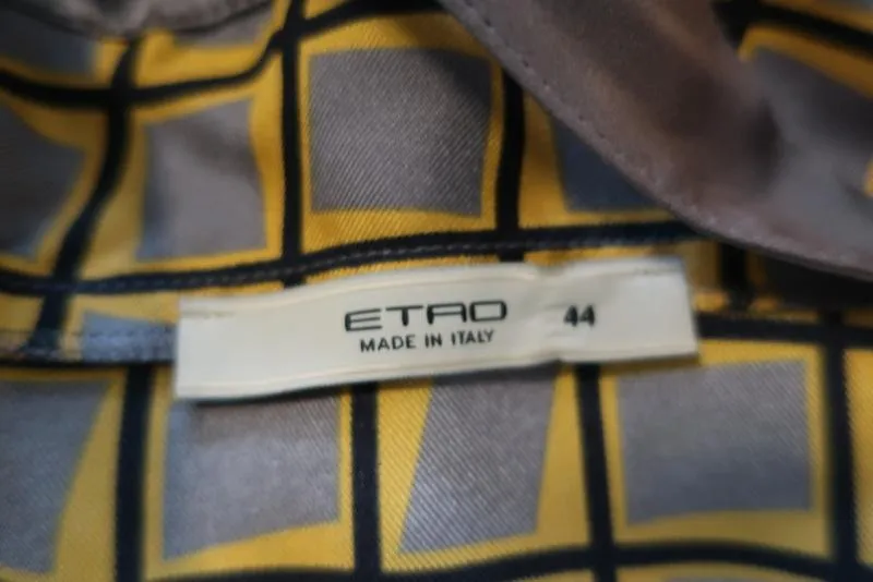 Etro Perlen-Top Gelb/Grau Bedruckte Seidenköper Größe 44 Überkreuztes Trägertop