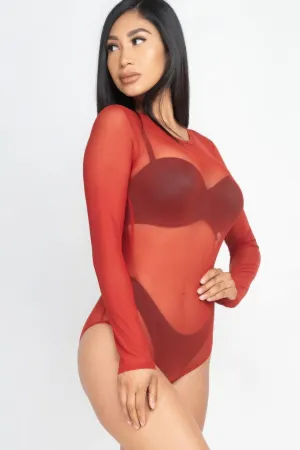 FASHNZFAB Damen Sexy Mesh Langarm Bodysuit