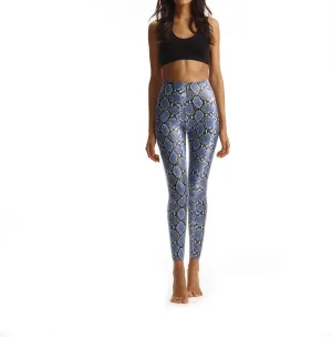 Kunstleder-Legging mit Tierprint in Blau-Schlangenmuster