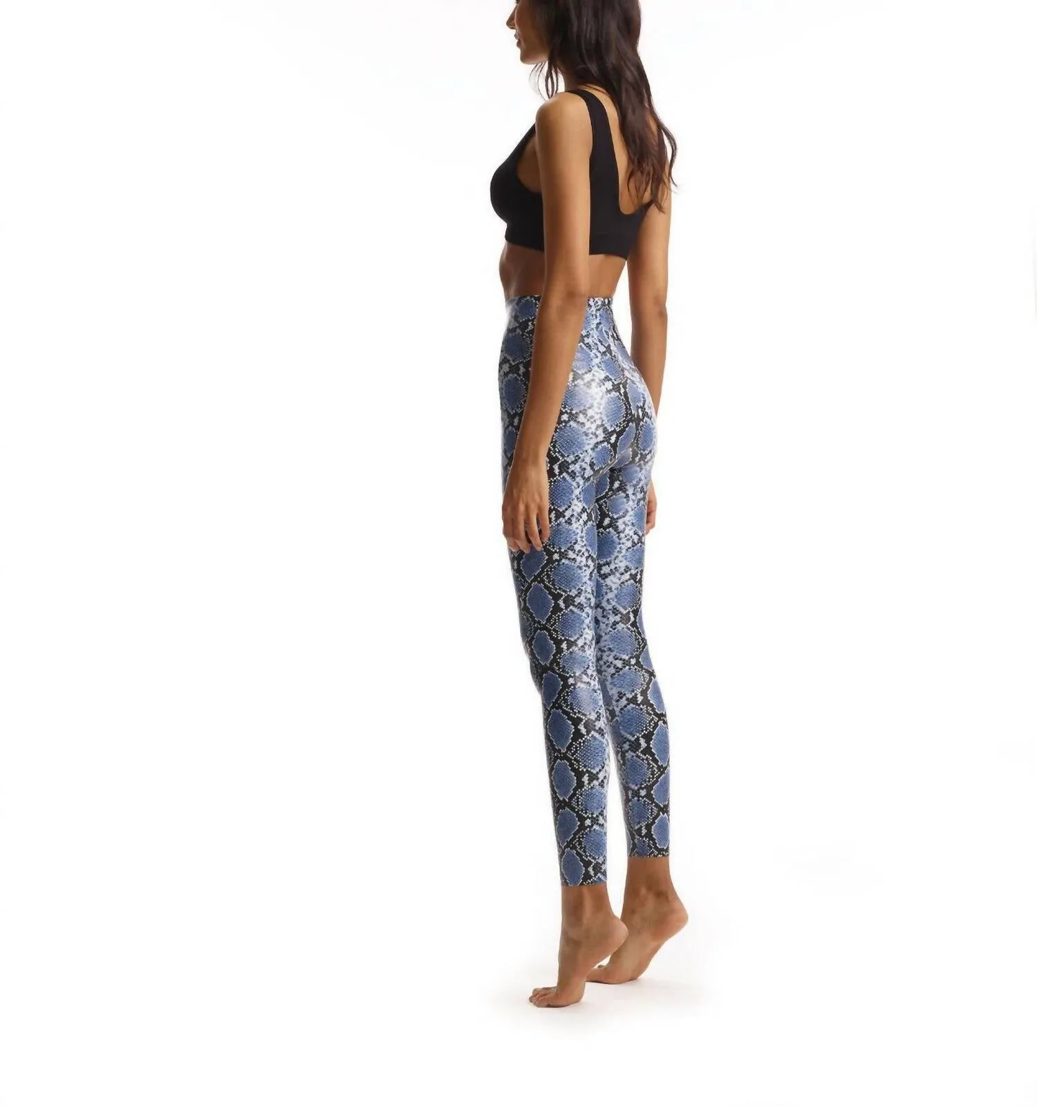 Kunstleder-Legging mit Tierprint in Blau-Schlangenmuster