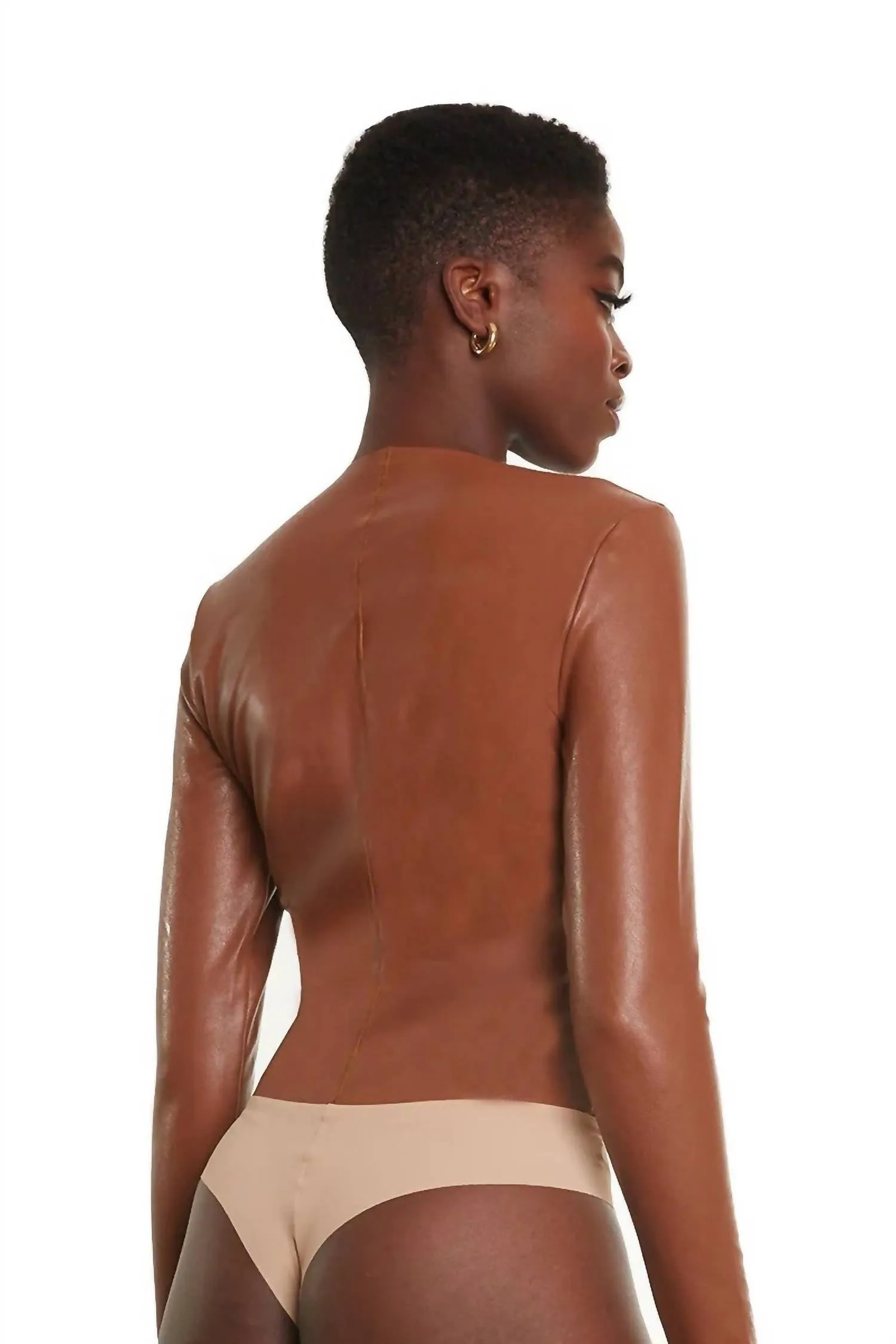 Kunstleder-Langarm-Bodysuit in Kakao