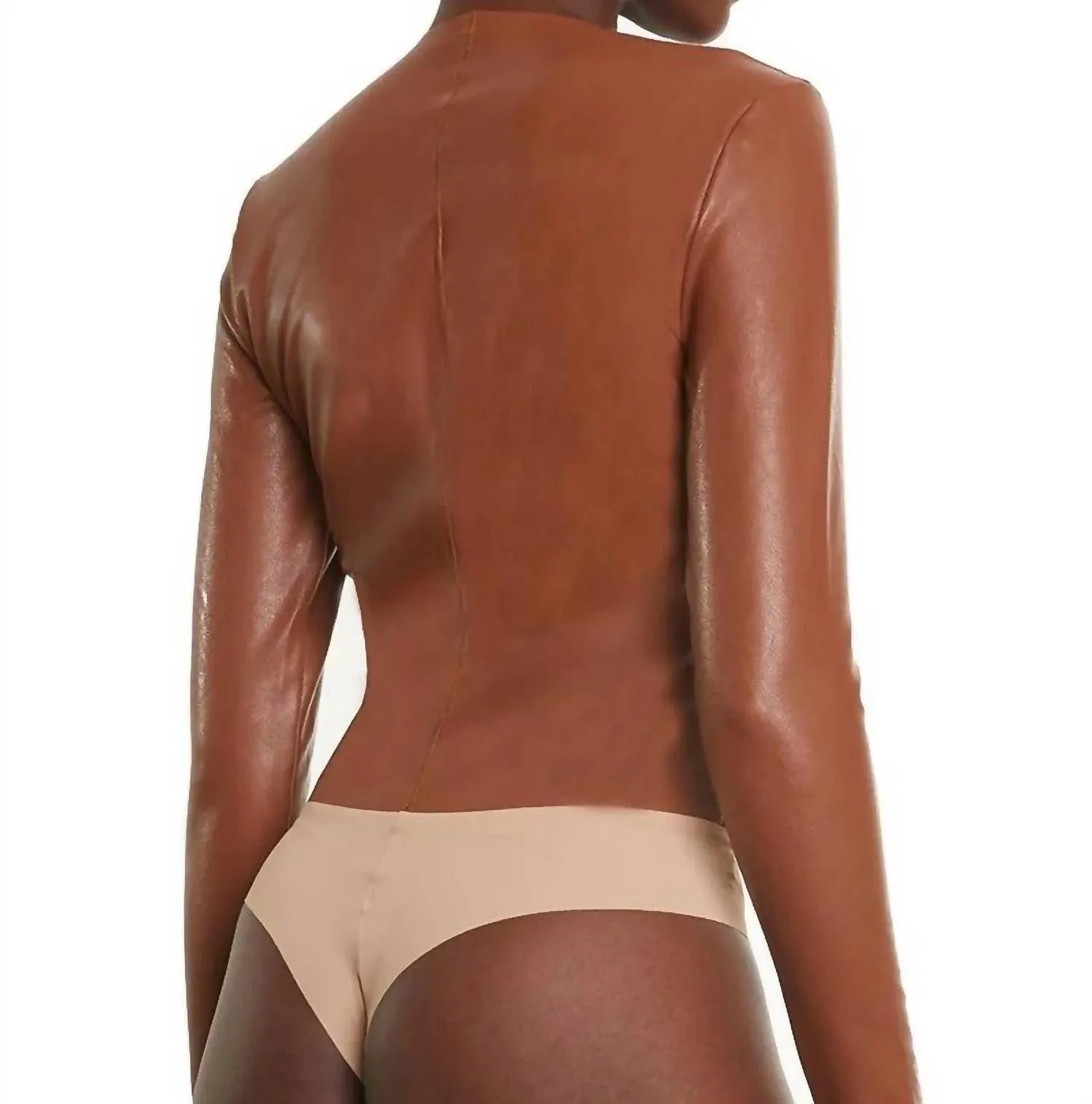 Kunstleder-Langarm-Bodysuit in Kakao