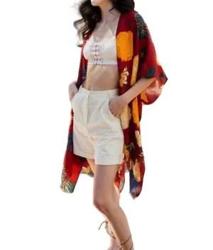 Blumenmuster Boho Festival Überwurf-Kimono in Karmesinrot