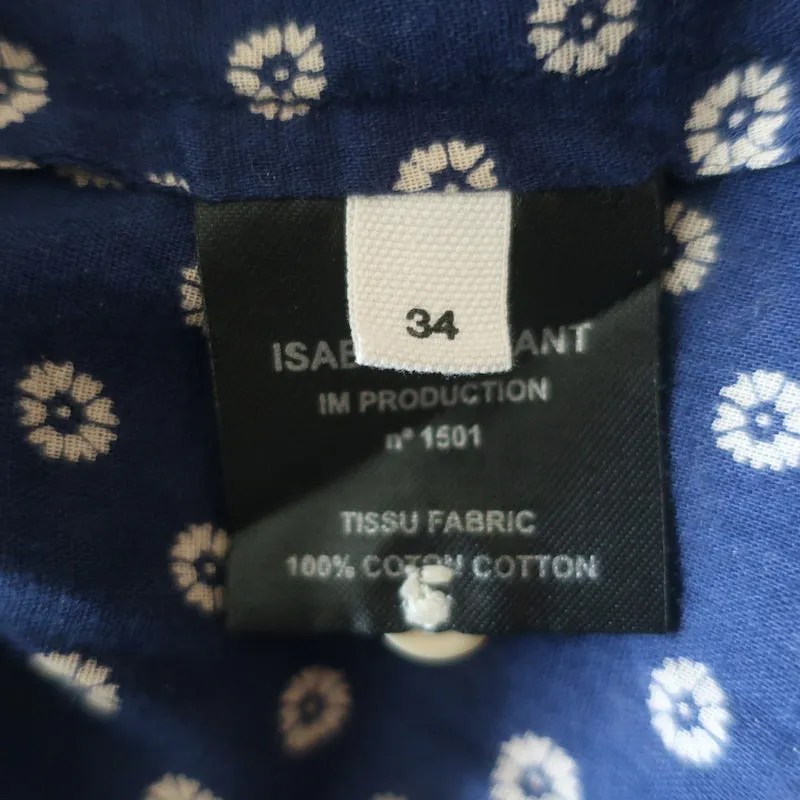 Isabel Marant Etoile Bluse Lainey Marineblau Gedruckte Baumwolle Größe 34 Langarm Top