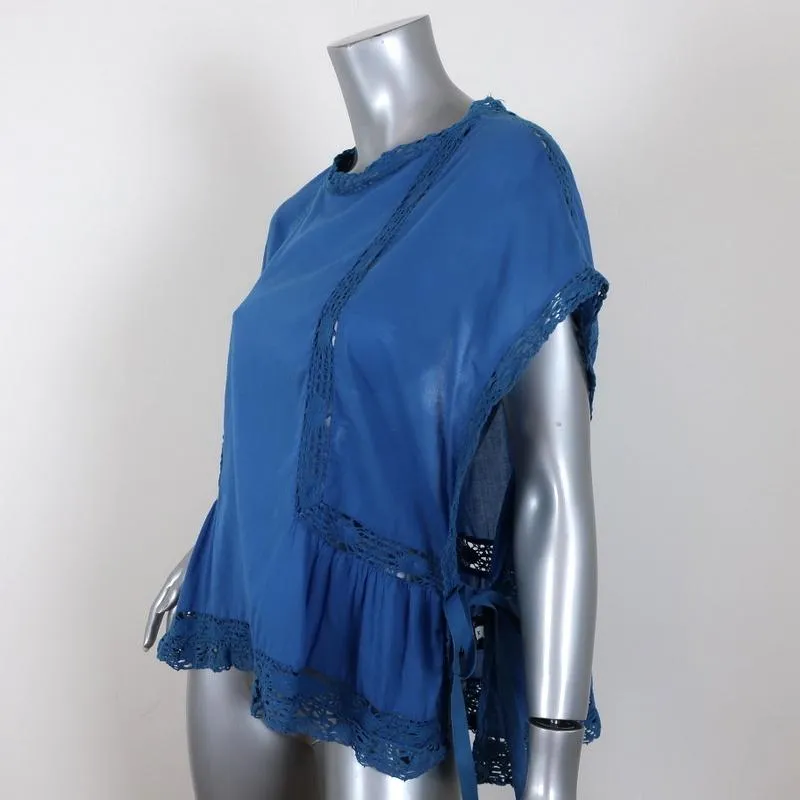 Isabel Marant Etoile Top Duffy Blau Häkelbesatz Baumwolle Größe 34 Seitengebundenes Bluse